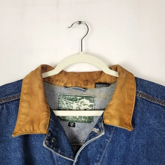 Vintage R.D. New York Leather Collar Western Cowboy Classic Denim Jacket